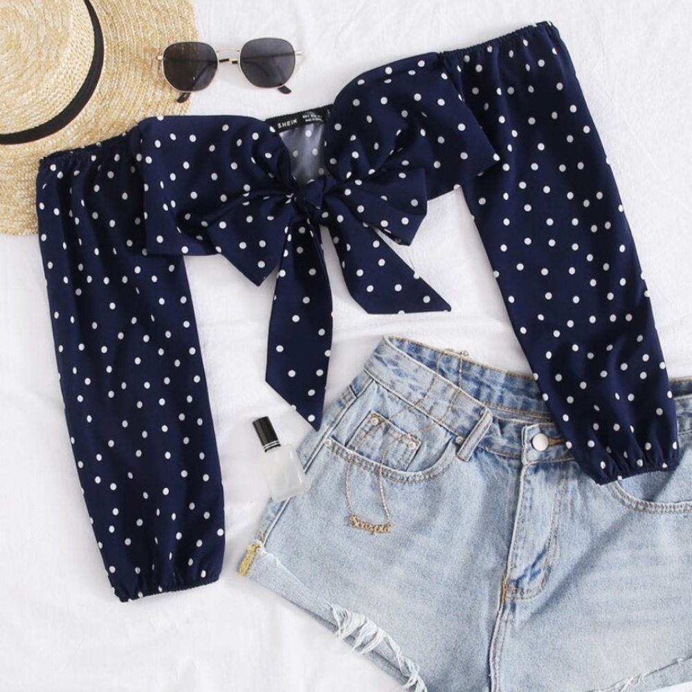 SHEIN Front Tie Polka Dot Off-The-Shoulder Crop Top